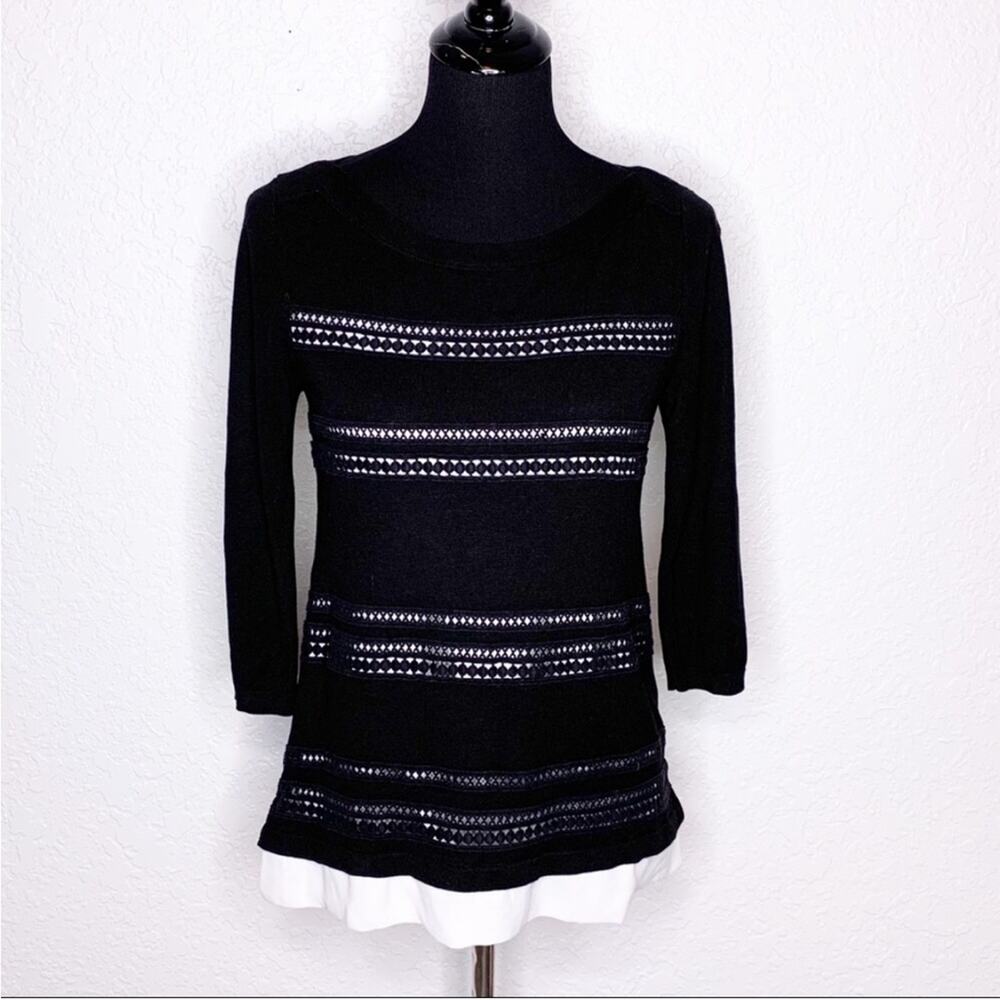WHBM black geometric eyelet knit sweater white lining size Small
